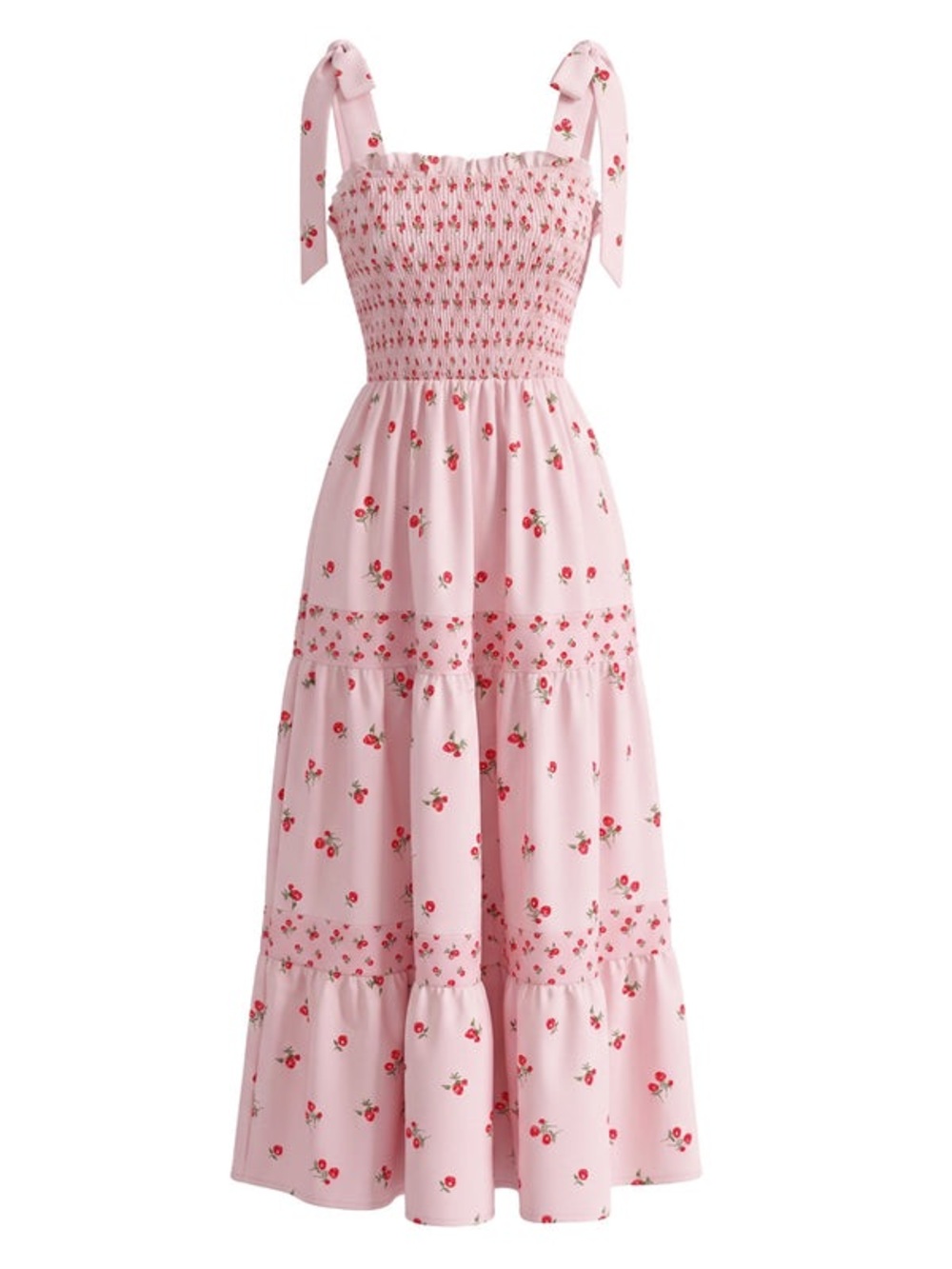Smocked Pink Cherry-Print Tie-Shoulder Maxi Dress Large